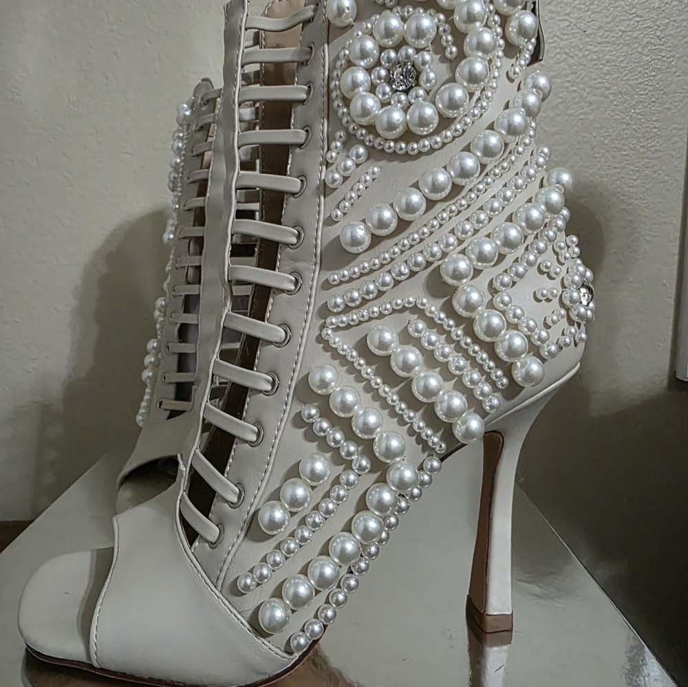 Pearl-Embellished Cream Lace-Up Heels